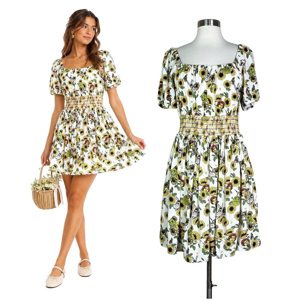 Shrek | BoxLunch Sunflower Floral Print Cream Smocked Peasant Mini Dress Large